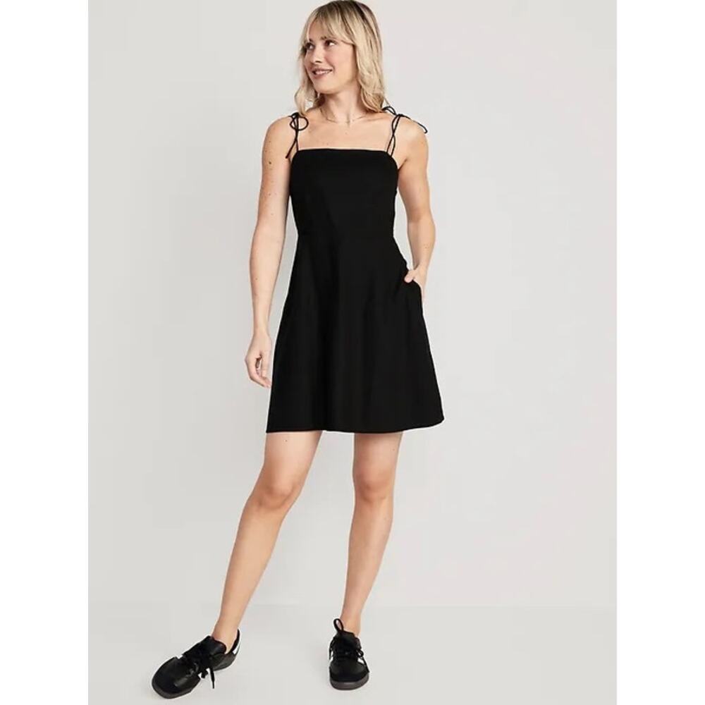 Old Navy Womens Black Linen Blend Tie Strap Mini Dress Size L Summer Minimalist